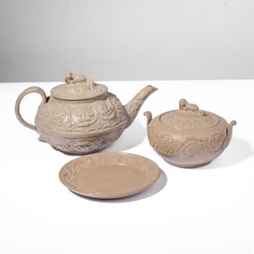 Wedgwood Drabware Dog Finial Teapot & Sugar Bowl