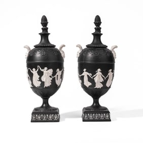 Pair Wedgwood Style Dancing Hours Metal Urns