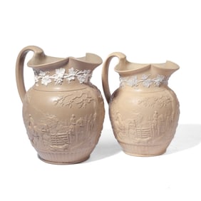 2 Wedgwood Drabware Hunting Scene Jugs