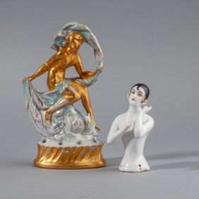 German Art Deco Pierrette Half Doll & Flower Frog