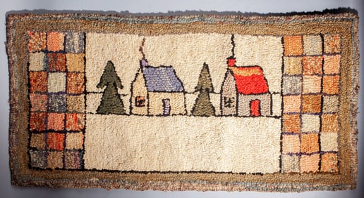 Antique Folk Art Hand Hooked Rag Rug