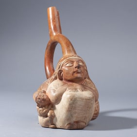 Pre-Columbian Moche Stirrup Vessel Mother & Child