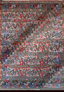 Antique Persian Malayer Hand Knotted Rug: Antique Persian Malayer Hand Knotted Rug. Dense geometric pattern on cream ground. Colors somewhat faded but strong. Light wear to pile; extensive wear to fringe leading into binding. 4' 7" x 6'