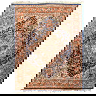 Persian Tabriz Style Hand Knotted Rug: Persian Tabriz Style Hand Knotted Rug. Wool on cotton. Large central medallion composed of trailing flowerheads on a navy ground. Some light wear to edge binding; some loose warp threads exposed