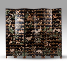 Japanese Lacquered Bird & Flower Folding Screen