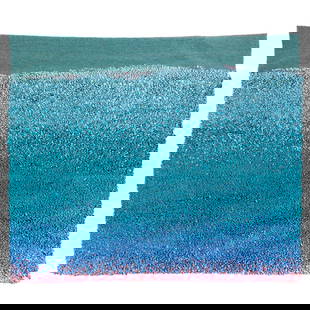 Jon Eric Riis Blue Tapestry, 1986: Jon Eric Riis (b.1945 Georgia) Blue Tapestry, 1986. Small engraved metal tag at lower right corner reading "Jon Eric Riis Atlanta 1986". Woven wool backing tapestry with nylon ribbons. Measures 59x67"
