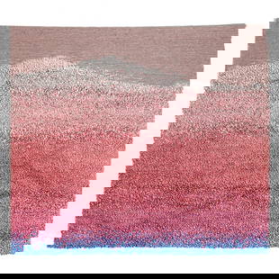 Jon Eric Riis Pink Tapestry, 1986: Jon Eric Riis (b.1945 Georgia) Pink Tapestry, 1986. Woven wool backing tapestry with nylon ribbons. Measures 59x67" with pockets at top and bottom for hanger rods. Excellent condition.