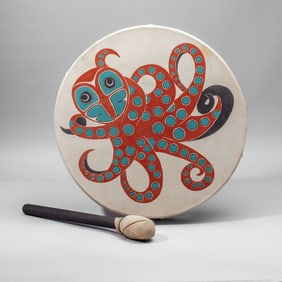 NW Coast Rawhide Drum Octopus Artist Signed