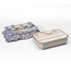 Wedgwood Queensware Blue & Gilt Inkstands