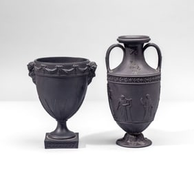 2 Wedgwood Black Basalt Vases / Muses Amphora