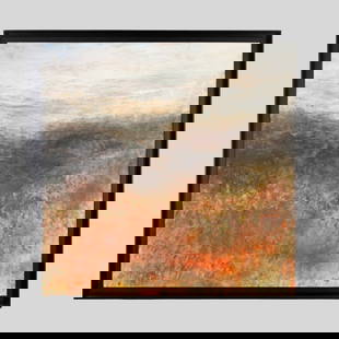 Cathy Bratter "Autumn Fields" LARGE Oil: Cathy Bratter (b.1952 Minnesota) "Autumn Fields" LARGE Oil on Masonite, circa 1990's. Signed lower right. Panel measures 48x48" and is professionally framed in deep black stained wood double frame wit