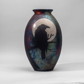 Braemar Pottery Raven & Moon Raku Pottery Vase