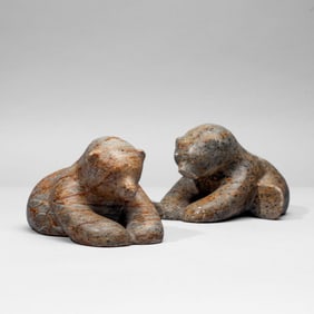 Pair Inuit Artist Signed Carved Soapstone Bears