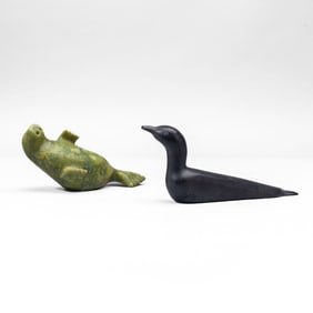Inuit Carved Stone Walrus & Loon / Janie Meeko