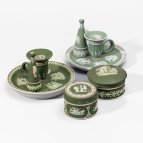 2 Wedgwood Green Jasperware Chambersticks