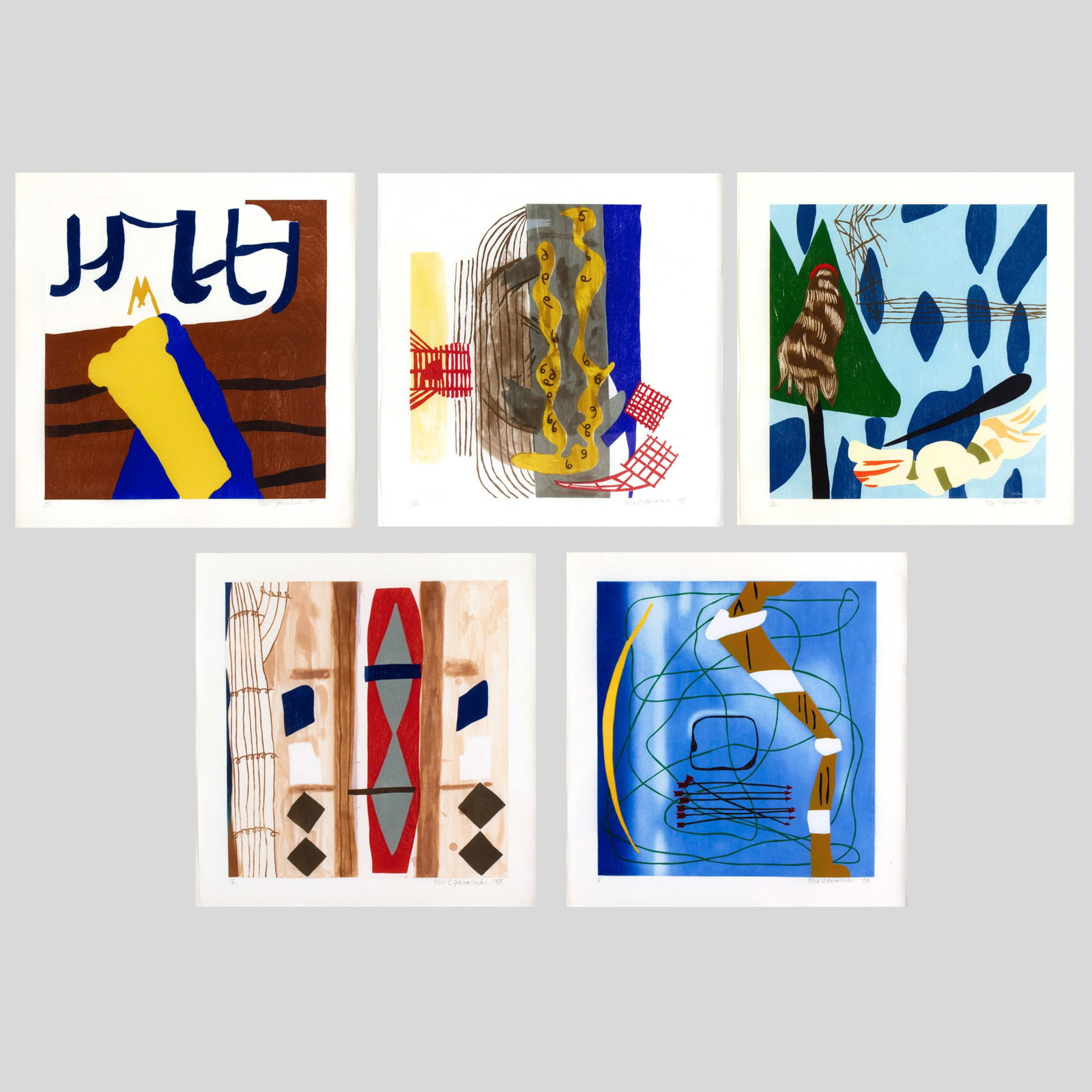 Charles Garabedian 5pc "Crazy Horse's Strategy": Charles Garabedian (1923-2016 California) "Crazy Horse's Strategy" 5-Piece Woodcut/Etching Prints, 1998. Edition 9/25. Each print is signed and dated with edition and numbered in roman numerals at low