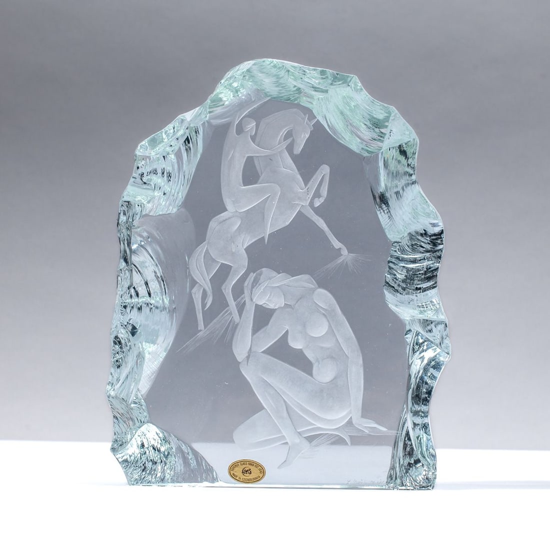 ZBS Bohemian Hand Cut Crystal Sculpture: Zelezny Brod Sklo (ZBS) Bohemian Hand Cut Crystal Sculpture, 1990. Signed bottom right by the artist Ladislav Jezek and engraver of glass Zdenek Slechta. Engraved depictions of nude woman in lower por