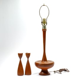 Mid Century Teak Candlesticks & Table Lamp