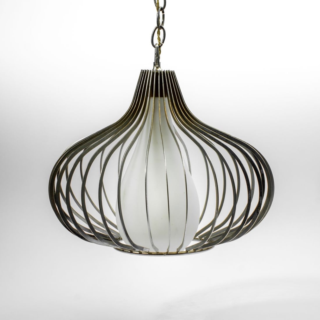 Mid Century Onion Pendant Lamp: Vintage mid century "Onion" hanging pendant light in the style of Lightcraft of California. Chromed metal frame over a white satin glass inner shade. Unrestored condition; metal frame with a little as