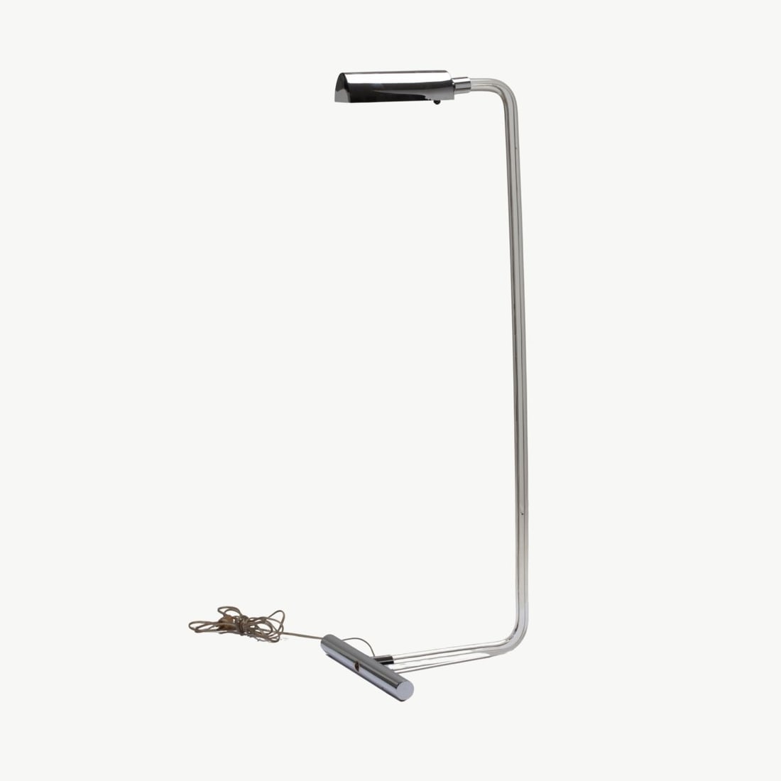 Peter Hamburger / Kovacs Lucite Floor Lamp: Vintage Peter Hamburger designed floor reading lamp for George Kovacs. Bent Lucite tubular rod upright with chromed metal shade and round cross base support. Working and in very good condition. 42.25"