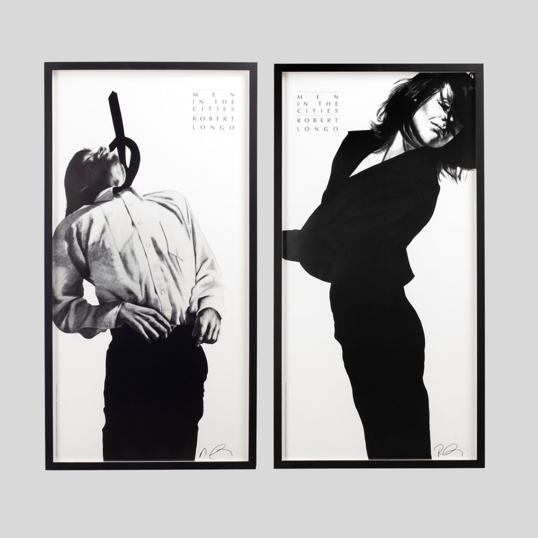Robert Longo "Men in the Cities" Signed Posters: 2 Robert Longo (b. 1953 New York) "Men in the Cities" Signed Posters. Offset lithographs on heavy stock. Gretchen and Eric, taken from "Men in the Cities" series. Published by Act Up and Amnesty Inter