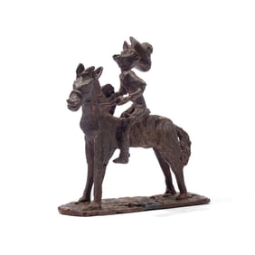 Brutalist Modernist Bronze Man on Horse Sculpture