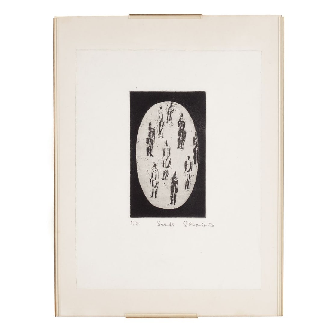 "Seeds" Artist Etching Signed "S. Rausa", 1970: Etching titled "Seeds", 1970. Signed "S. Rausa(?)" at lower right. Numbered 8/15. On wove paper. In wrapped acrylic frame with wood strainer. In good condition. Etching 12.5" x 9.5"; 16" x 12" overall