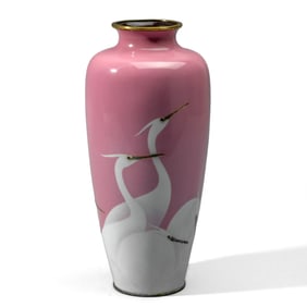 Japanese Meiji Period Cloisonne Pink Cranes Vase