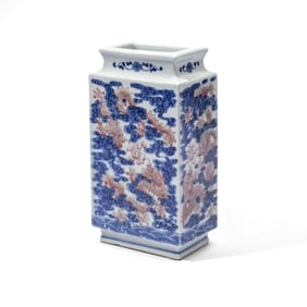 Chinese Blue & Copper Red Porcelain Dragons Vase