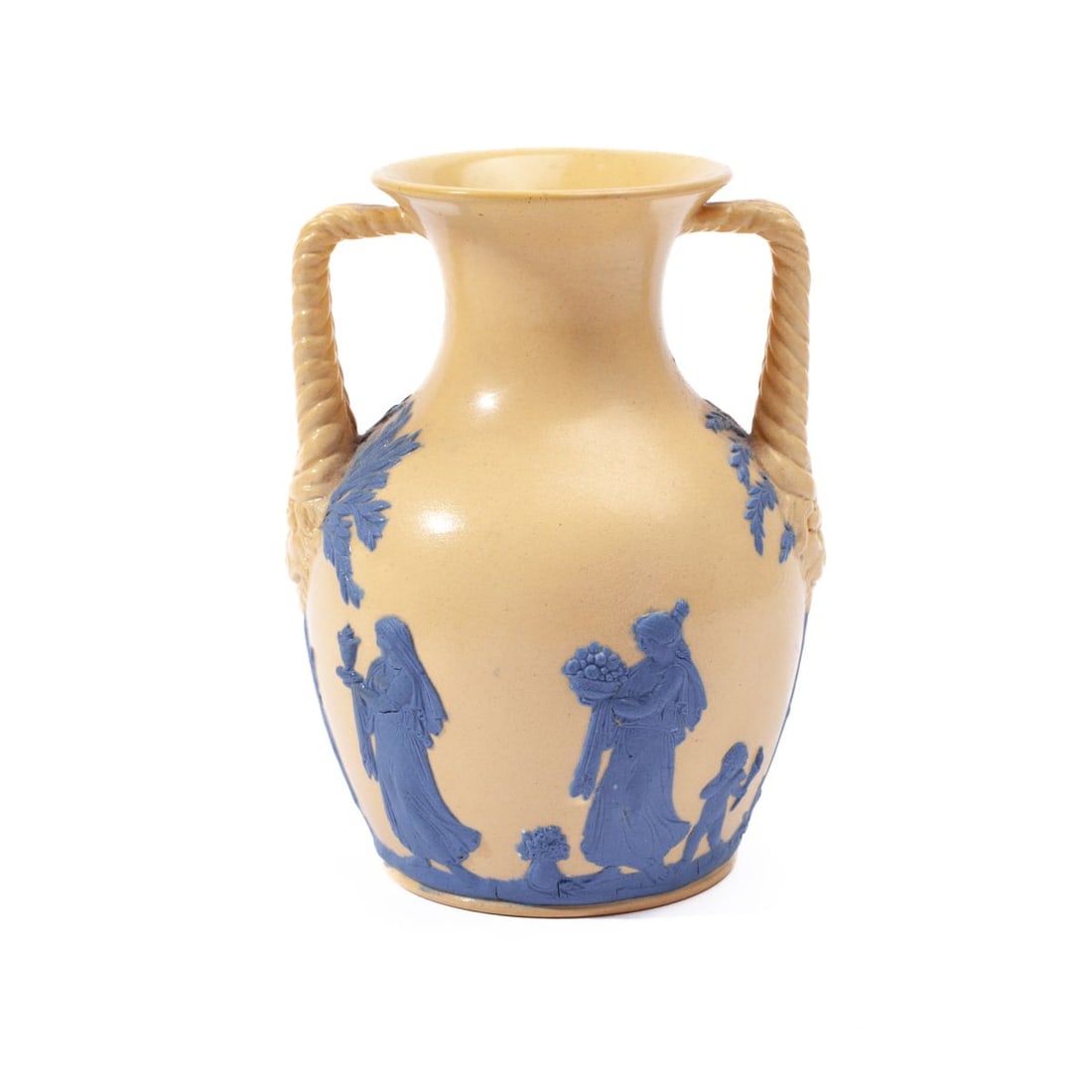 Wedgwood Caneware & Blue Jasper Handled Vase: 19th century Wedgwood caneware dish. Smear-glazed body with applied classical figures making offerings in blue jasper. Impressed "WEDGWOOD" and star marks along with collection label. Restoration to b