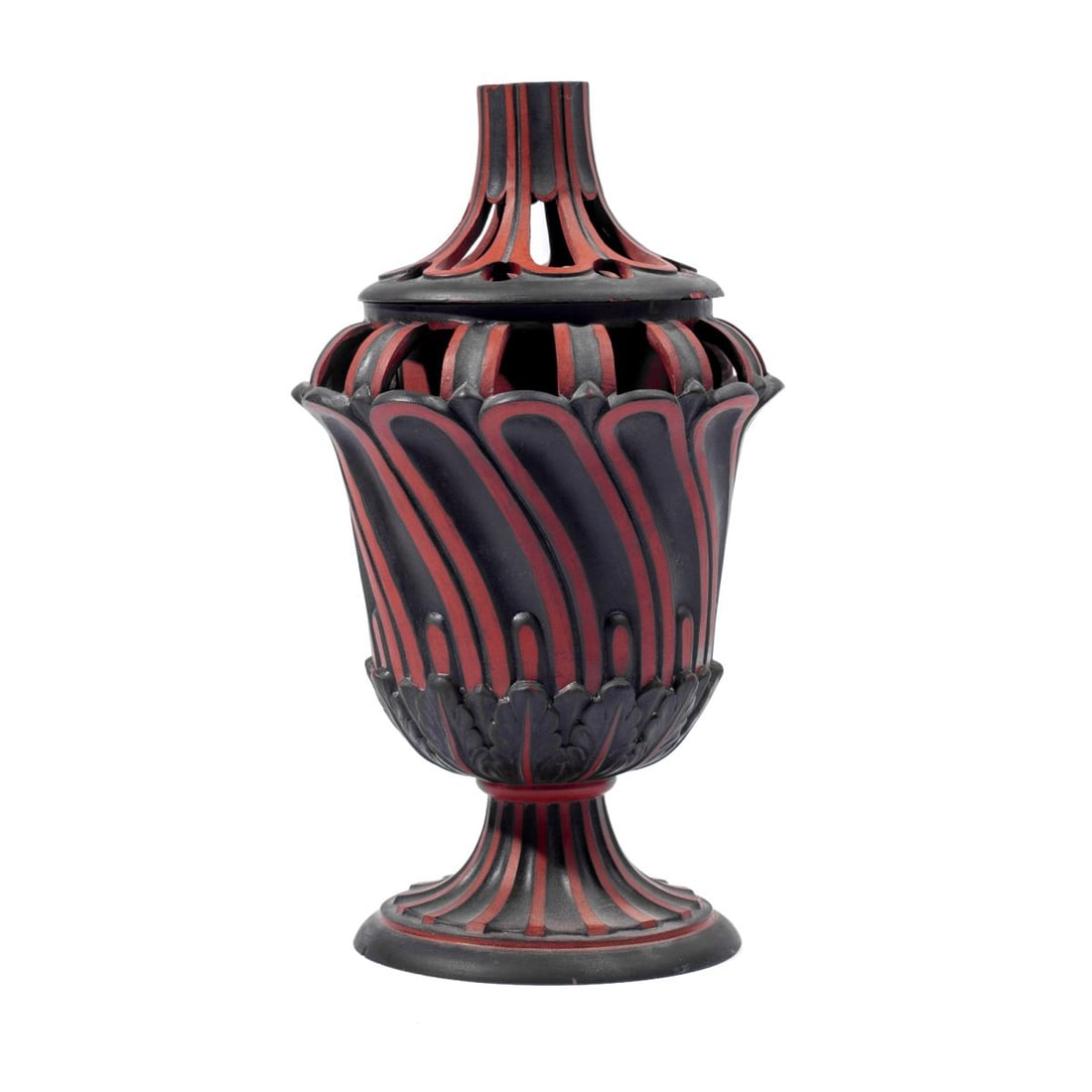 Wedgwood Rosso Antico Bough Pot: Early 19th century Wedgwood Rosso Antico bough pot. The body of twisted fluting above acanthus leaves and below an openwork shoulder, with tall pierced and fluted lid. Glazed interior. No marks appare