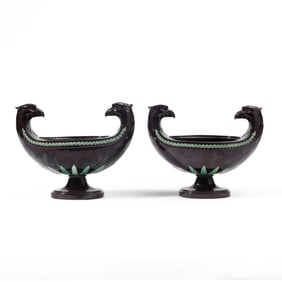 Pair Wedgwood Majolica Double Eagle Inkstands
