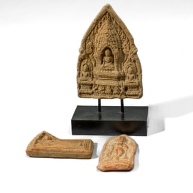 3 Antique Thai Red Clay Molded Votive Tablets
