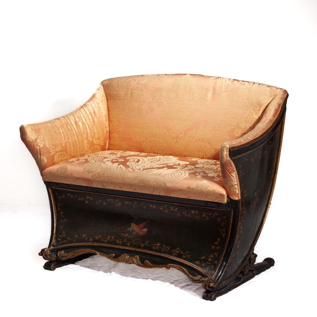 Antique Italian Sleigh Bench Seat / Gondola Chair: Circa 18th / 19th century Italian bench; possibly a sleigh bench or Venetian gondola chair. Wood frame with carved details to sledge style feet. Black lacquered and gilt surface with hand painted deco