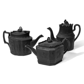 3 English Black Basalt Swan Finial Teapots
