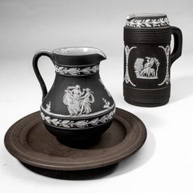Wedgwood Black Basalt Pitcher / Creamer / Plate