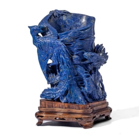 Chinese Lapis Lazuli Dragon & Phoenix Brush Pot
