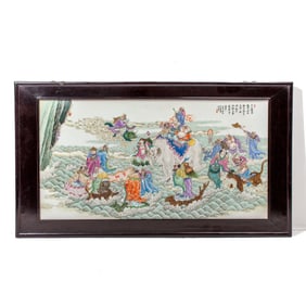 Large Chinese "Eighteen Arhats" Enameled Porcelain Plaque