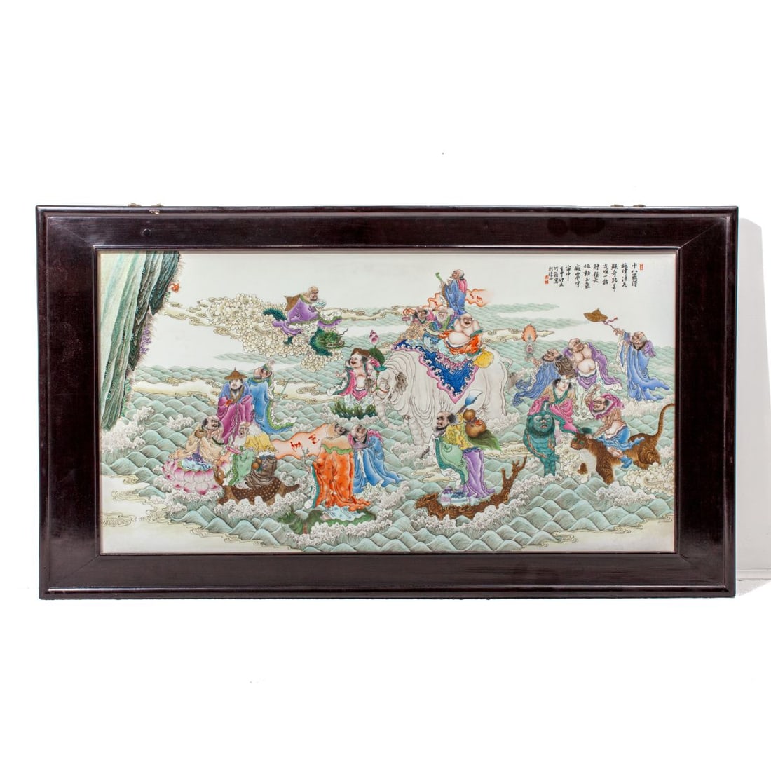 Large Chinese "Eighteen Arhats" Enameled Porcelain Plaque (1 of 5)