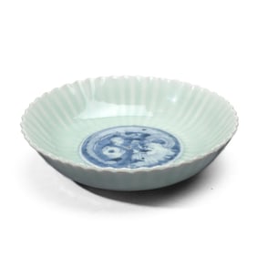 Japanese Imari Celadon & Underglaze Blue Fish-Dragon Fluted Bowl