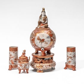 Fine Japanese Meiji Kutani Porcelain Incense Burner & Stand