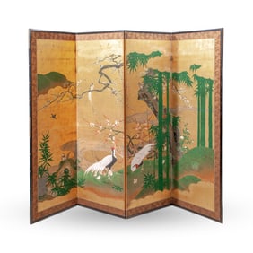 Japanese Kano School Bird & Flower Four-Panel Folding Screen / Byobu