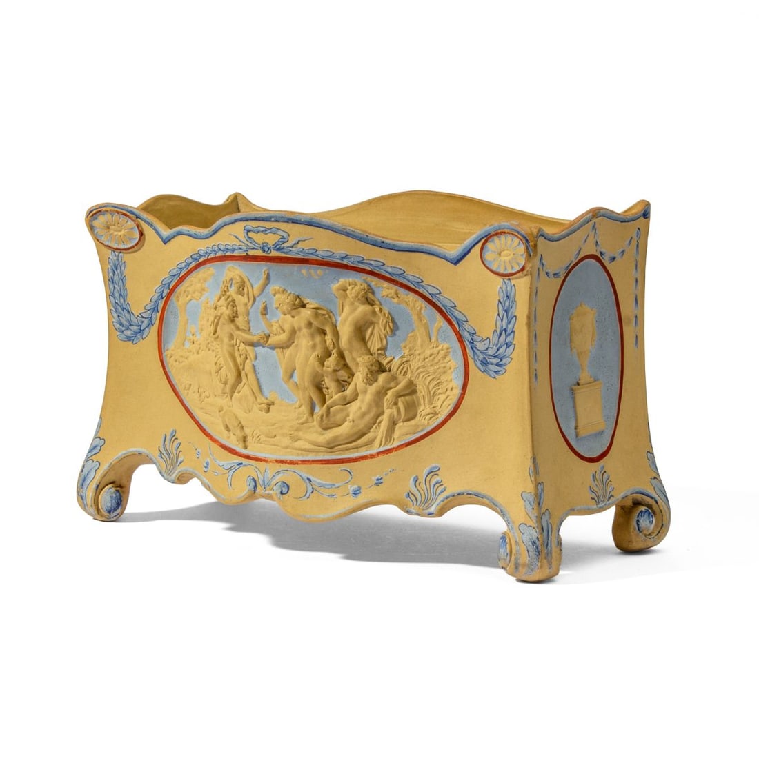 Wedgwood Caneware Encaustic Double Crocus Pot: Late 18th / early 19th century Wedgwood caneware double crocus pot. Central panel with classical figural scene in high relief, the adjacent sides with amphora set against blue and red-border encaustic