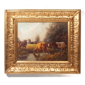 William B. Bridge "Cows at Water" Oil on Canvas