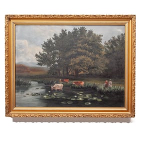 19th C. American Folk Art Pastoral Landscape Oil