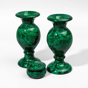 Russian Mockba Malachite Lacquer Vases & Box