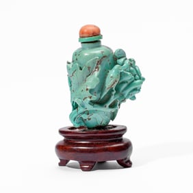 Chinese Carved Turquoise Bird & Flower Bottle