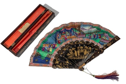 Chinese Mandarin Fan & Black Lacquer Case