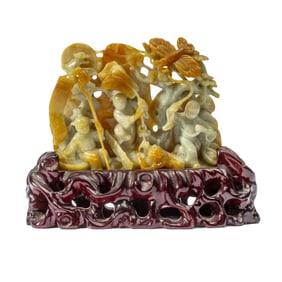 Chinese Carved Celadon & Russet Jade "Boys" Figural Group