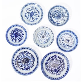 7 Chinese Qing Porcelain Blue & White Dishes
